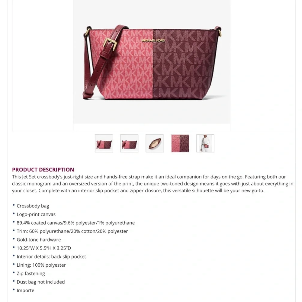 Michael Michael Kors Two-Tone Jet Set Travel Crossbody Oxblood  Multi NWT $348